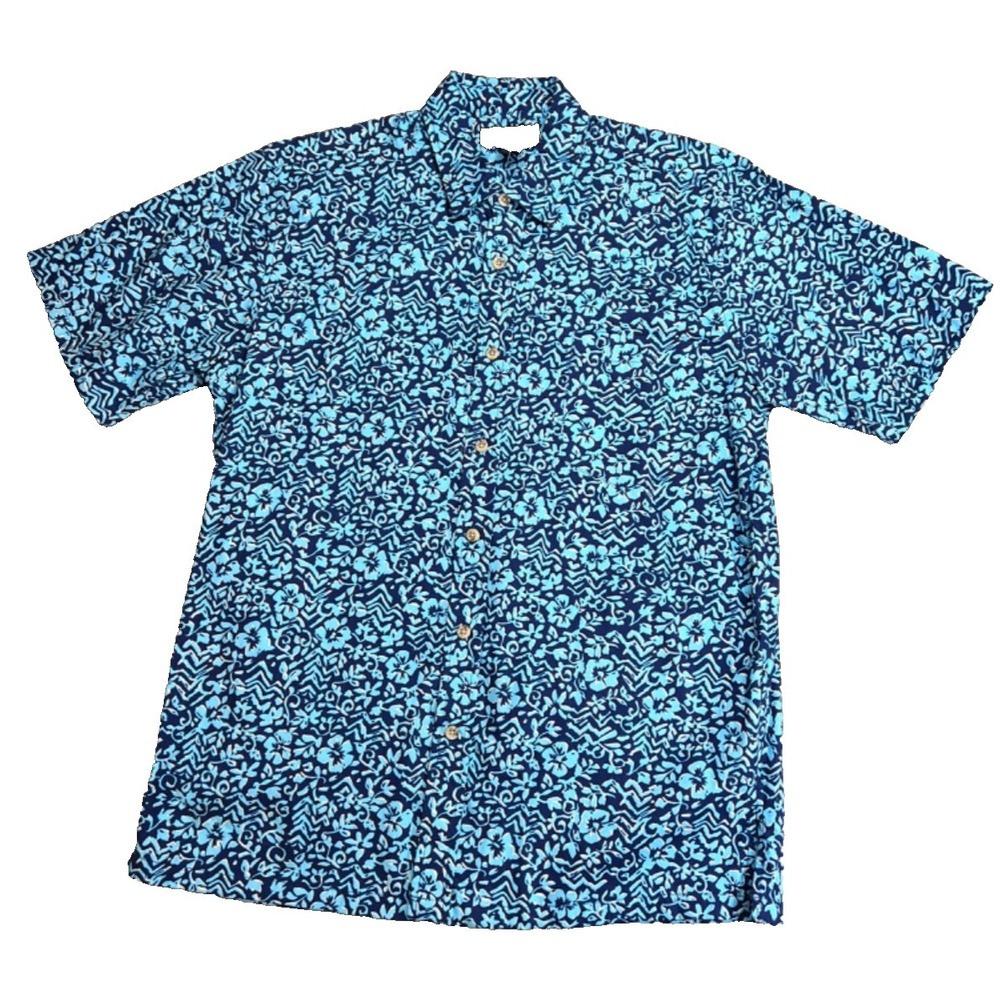 Cooke Street Men's Large Hawaiian Islands Blue Floral Print Cotton Button Up